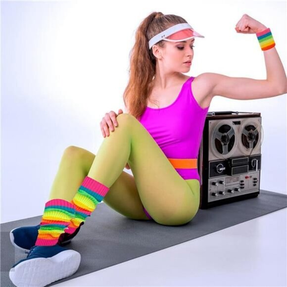 Neon 80s Workout Set Leg Warmers Headband Wristbands Dance Costume Outfit - Picture 3 of 7